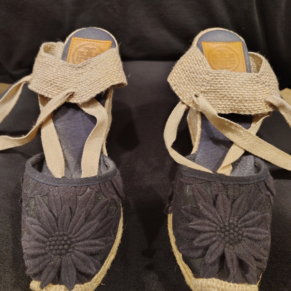 Tory Burch Navy and Tan Espadrille Wedges